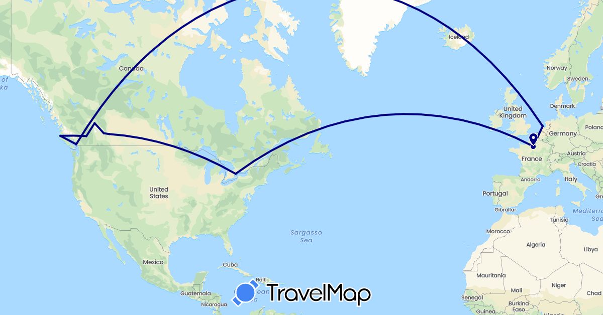 TravelMap itinerary: driving in Canada, France, Netherlands (Europe, North America)